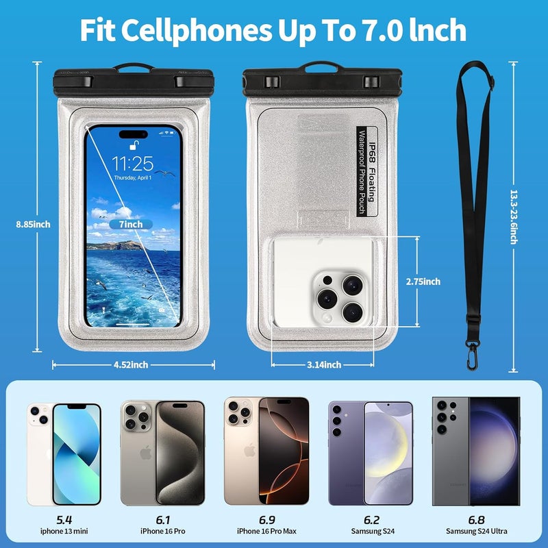 Razobws Floating Waterproof Phone Pouch, IPX68 Waterproof Phone Case with Lanyard for iPhone 16 15 14 13 Pro Max Samsung S25 S24 S23 S22, Up to 7", Beach Vacation Essentials, Glitter Silver - Image 3